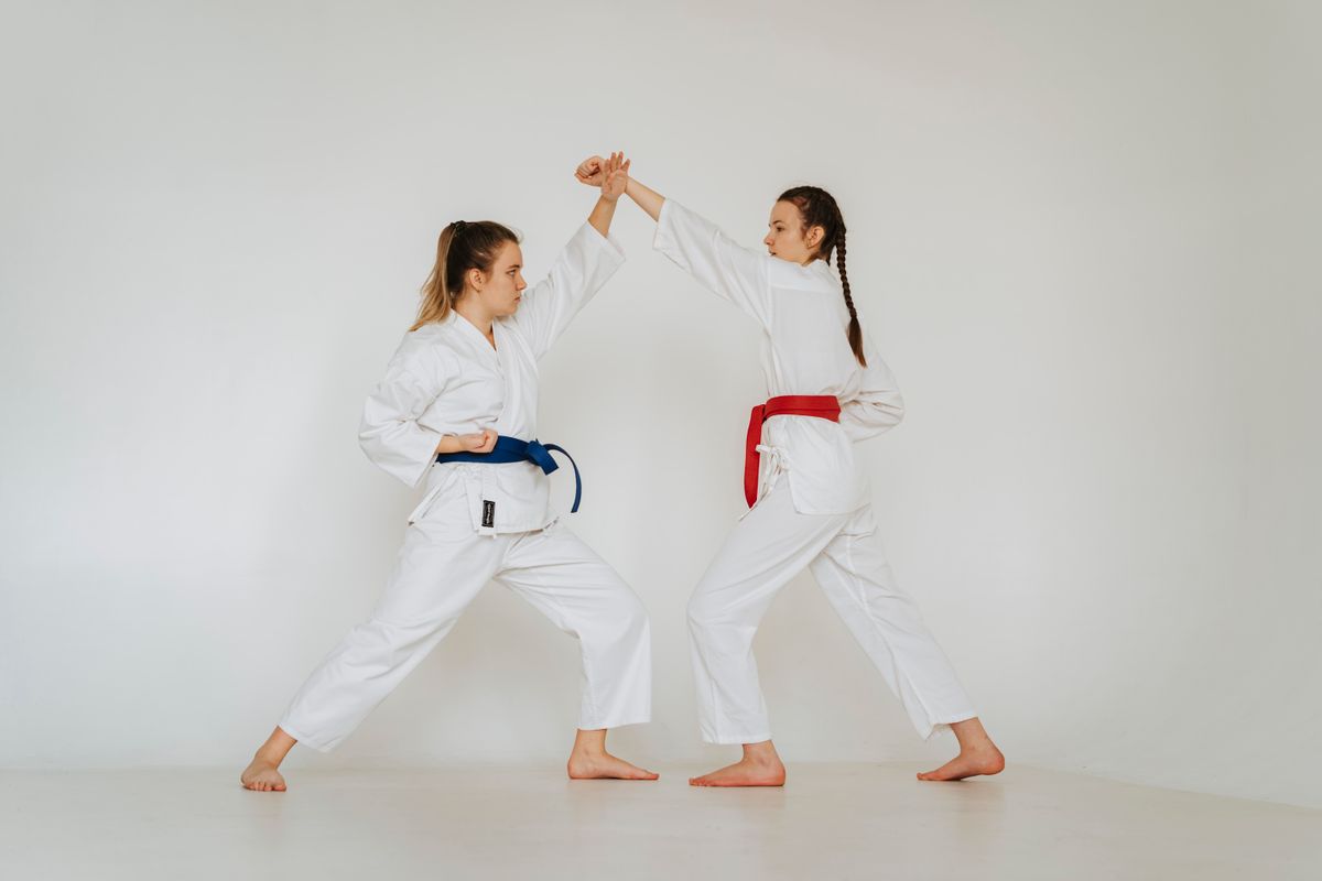 Two adult karate students in white gis practicing a block and strike drill