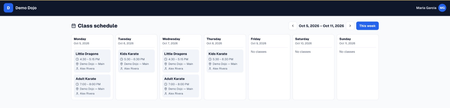 The Sidekick MAS family portal showing the class schedule