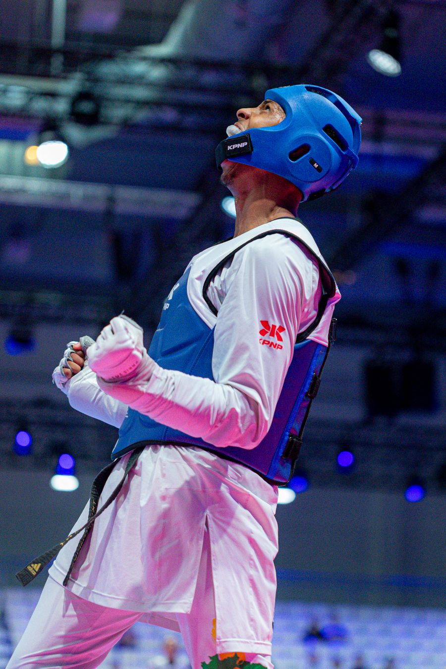 A Taekwondo athlete in a blue chest protector and headgear celebrating a win in an arena